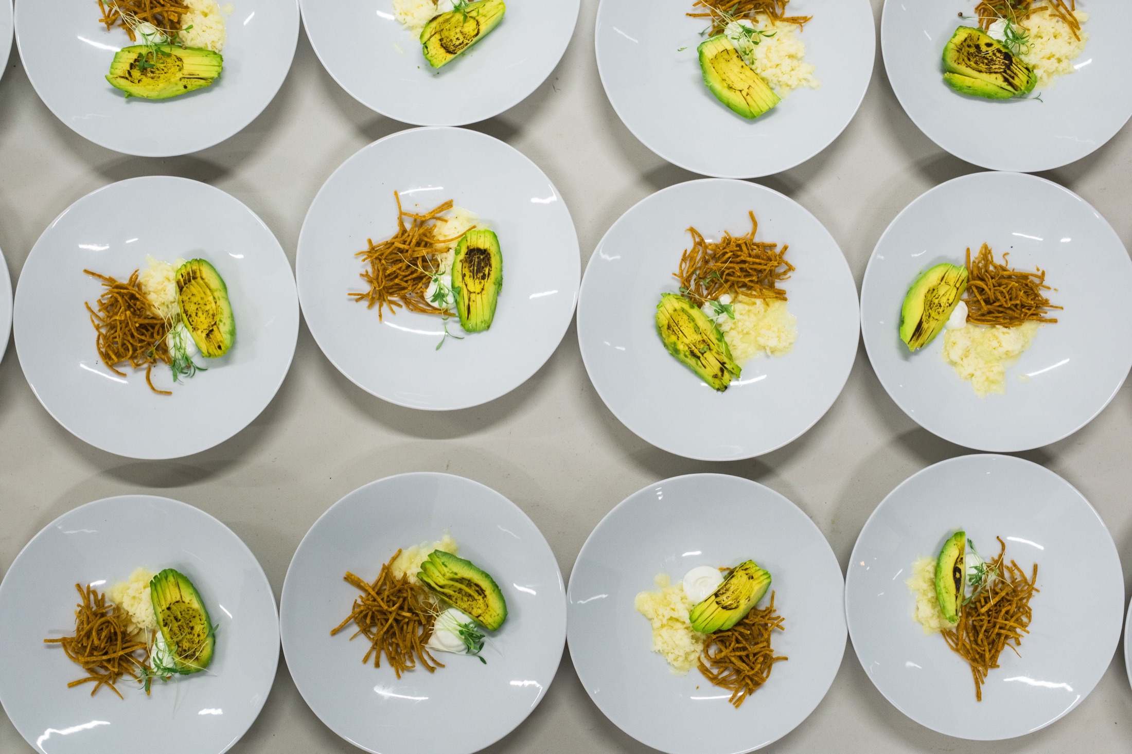 Rows of avocado plates ready for service